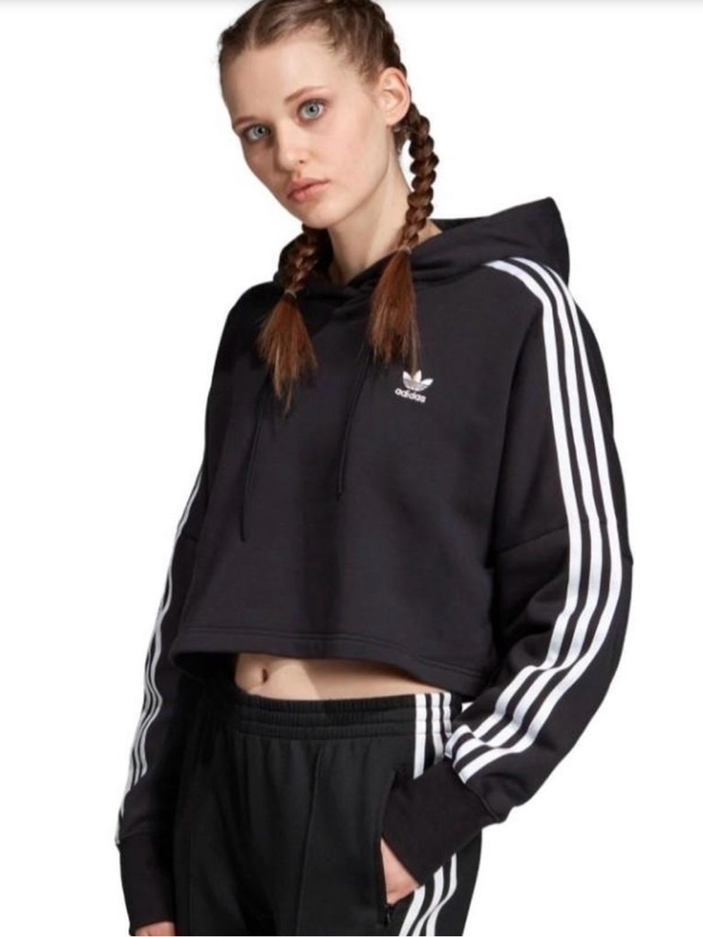 Adidas Cropped Black Hoodie with White Stripes